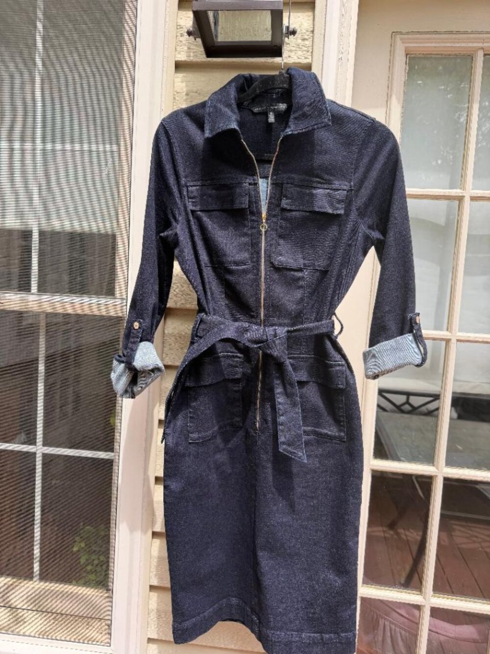 WHITE HOUSE BLACK MARKET (WHBM) Zip Front Dark Denim Stretch Dress, Size  6